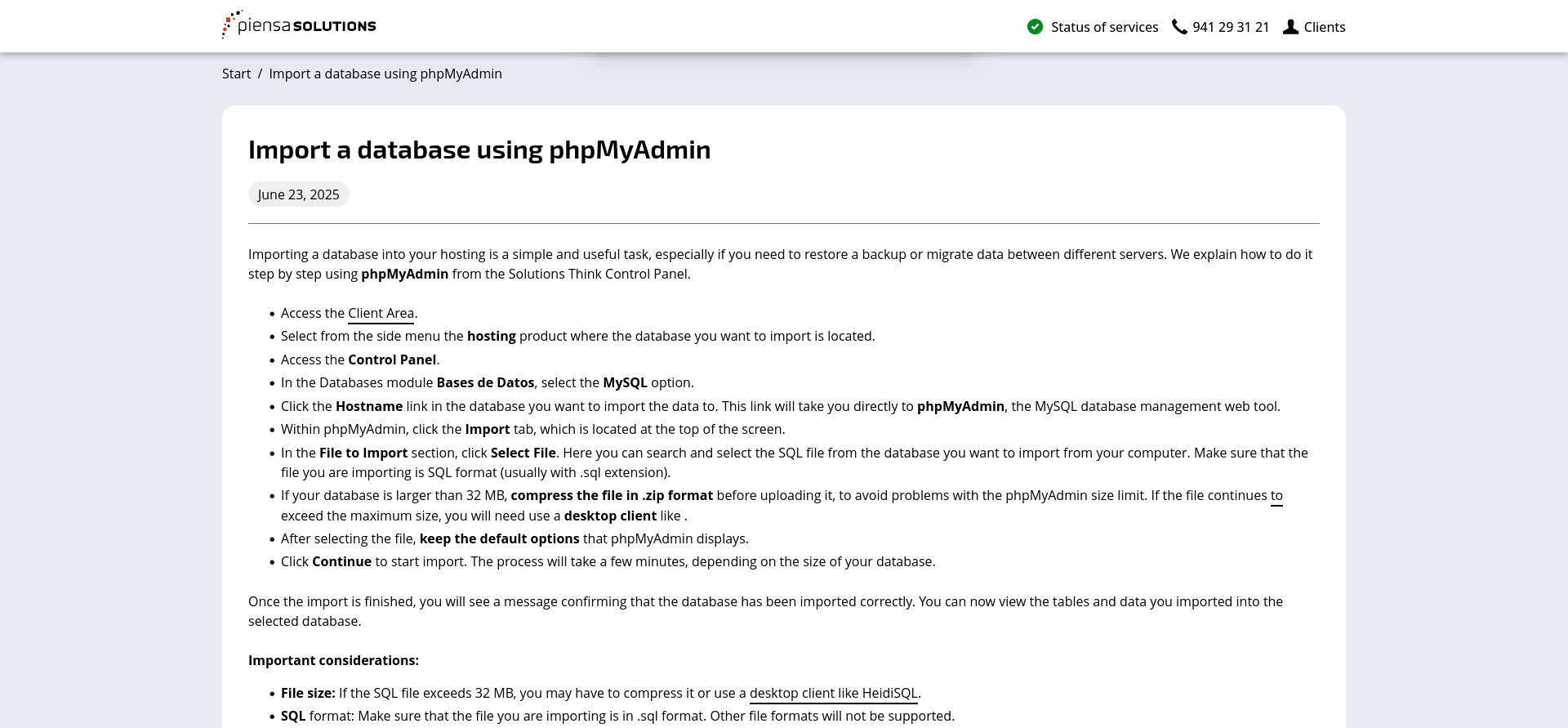 Piensa Solutions knowledge base article explaining how to import a database using phpMyAdmin