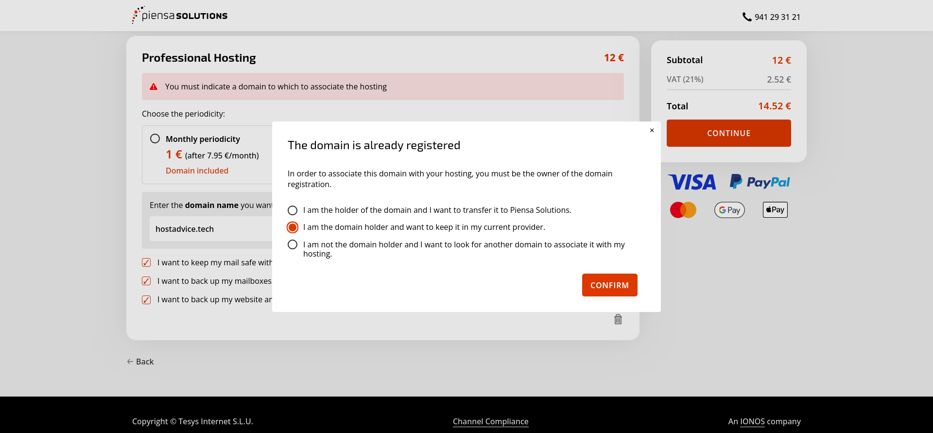 Piensa Solutions domain ownership prompt with transfer keep current provider and alternate domain options