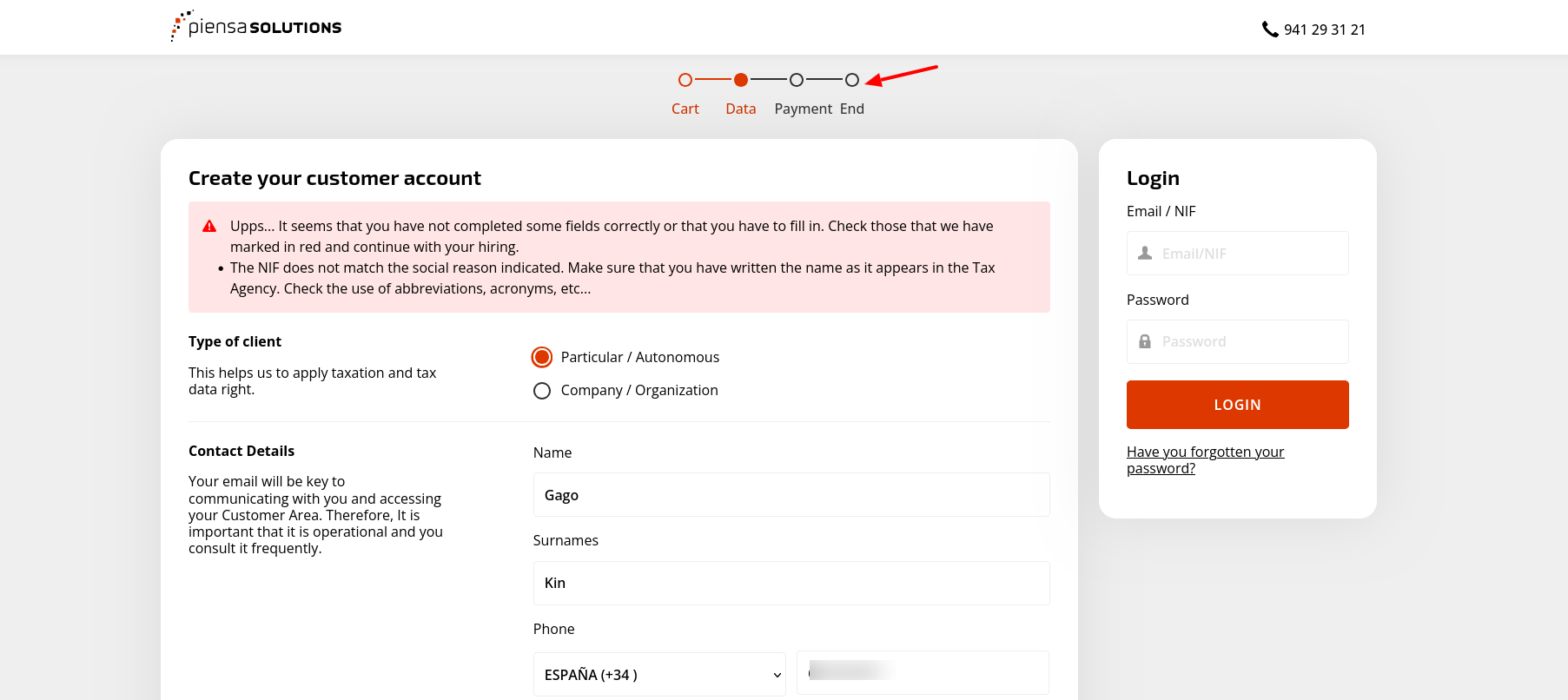 Piensa Solutions account registration form showing NIF identification requirement
