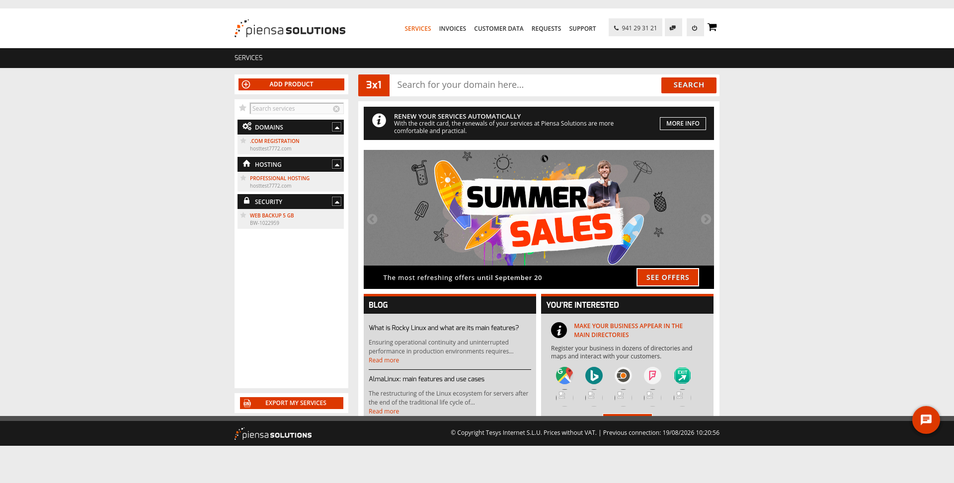Piensa Solutions customer dashboard Services page