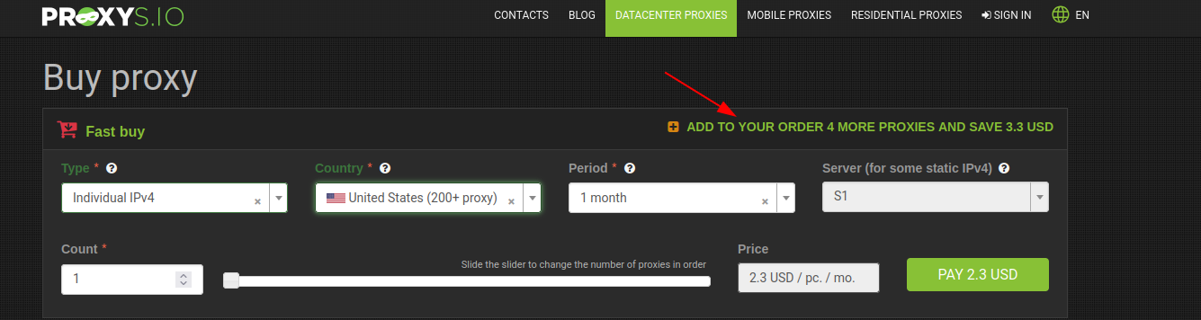 Proxys.io bulk discount banner in proxy checkout
