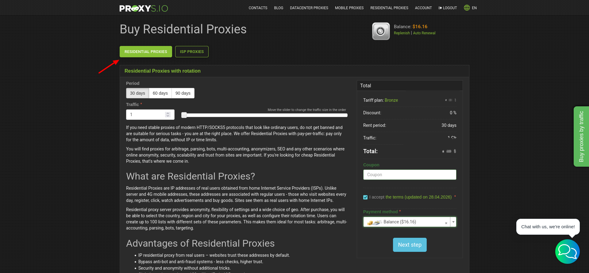 Proxys.io residential proxy pricing and checkout page