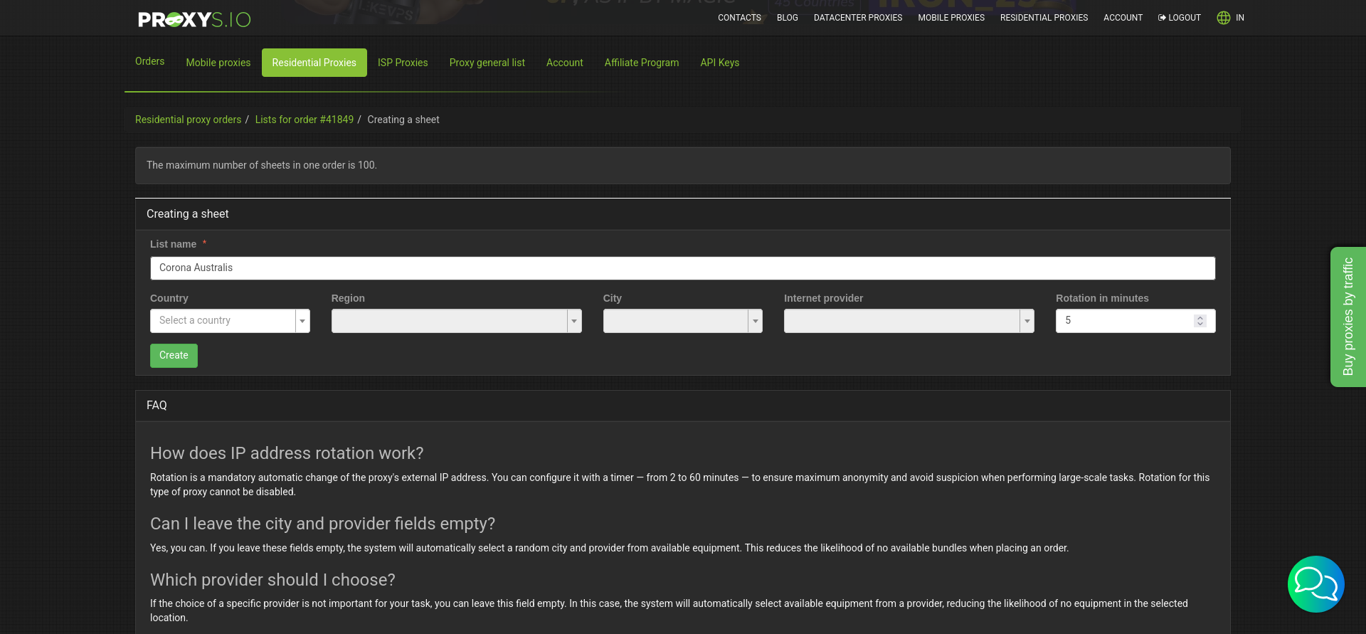 Proxys.io residential proxy sheet configuration