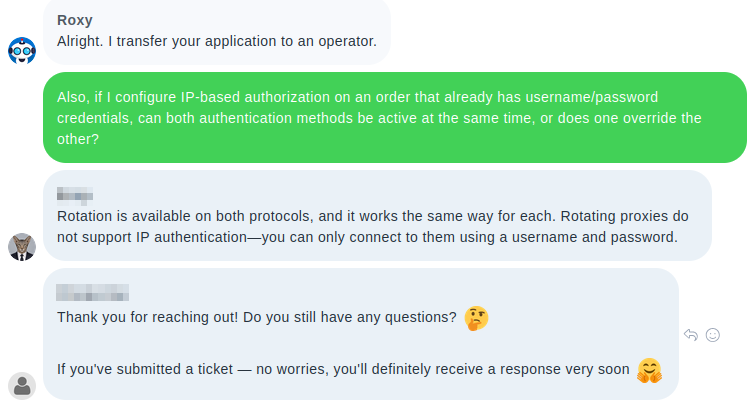 Proxys.io human support agent response