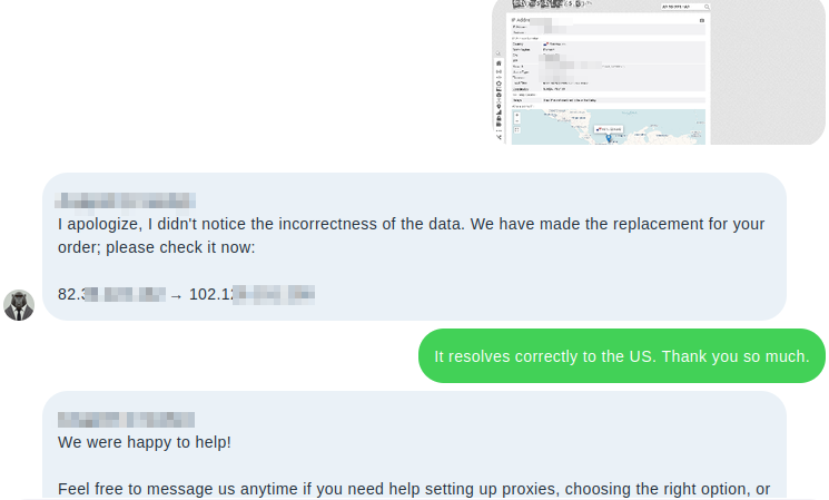 Proxys.io support acknowledgment of incorrect proxy geolocation