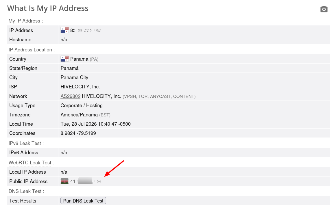 Proxys.io WebRTC leak test on ipleak.net