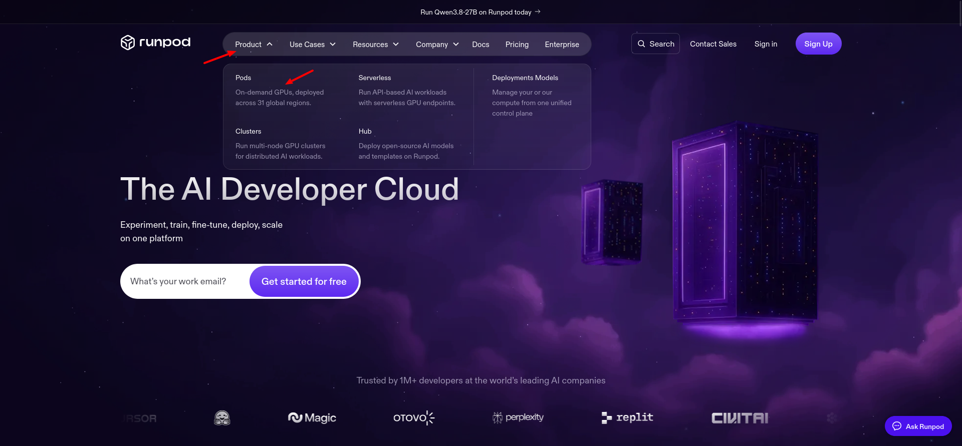 Runpod homepage showing Get started for free and GPU rental messaging