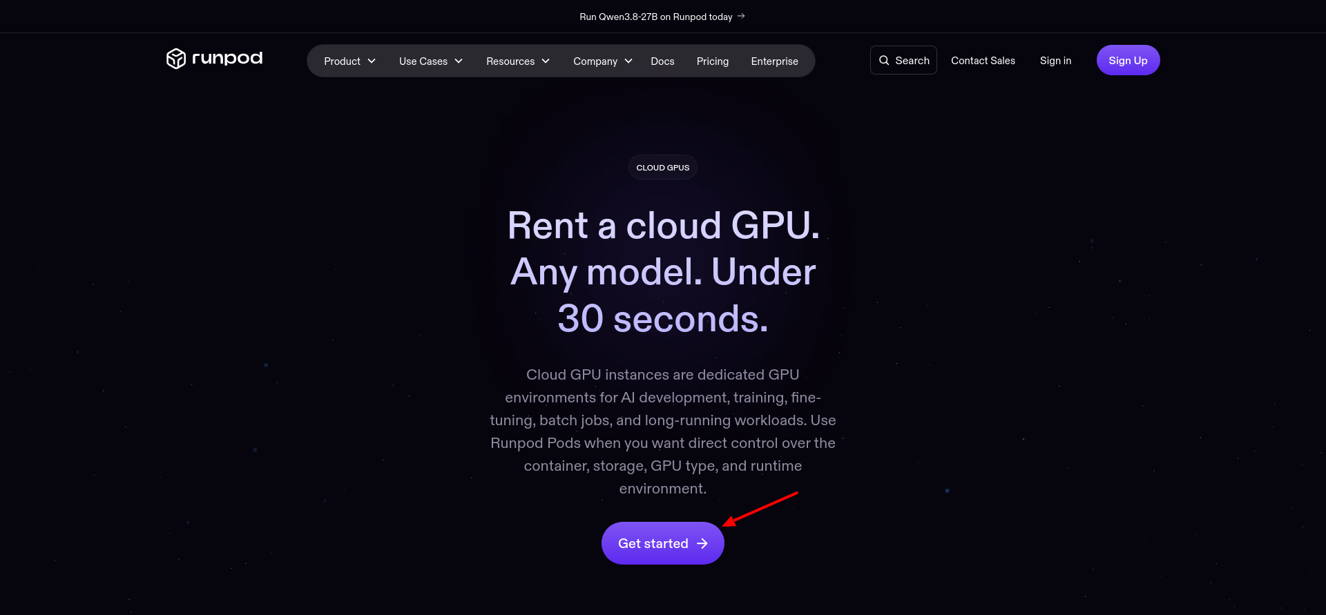 Runpod Pods landing page showing cloud GPU deployment options