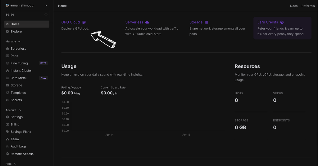 Runpod dashboard showing GPU Cloud Serverless Storage and account usage