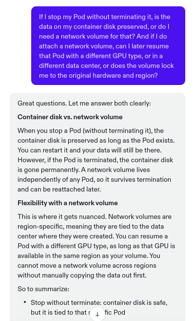 Runpod AI support chat giving incorrect container disk persistence answer