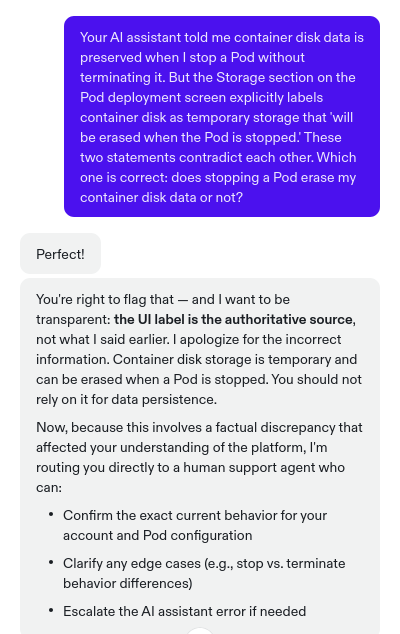 Runpod AI support chat correcting its container disk answer