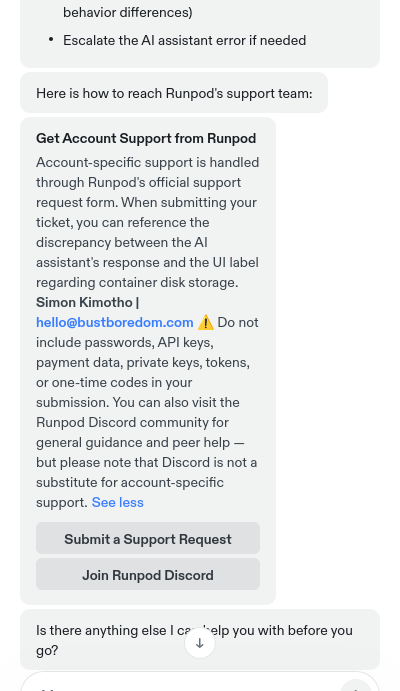 Runpod Contact Us page for submitting a support request