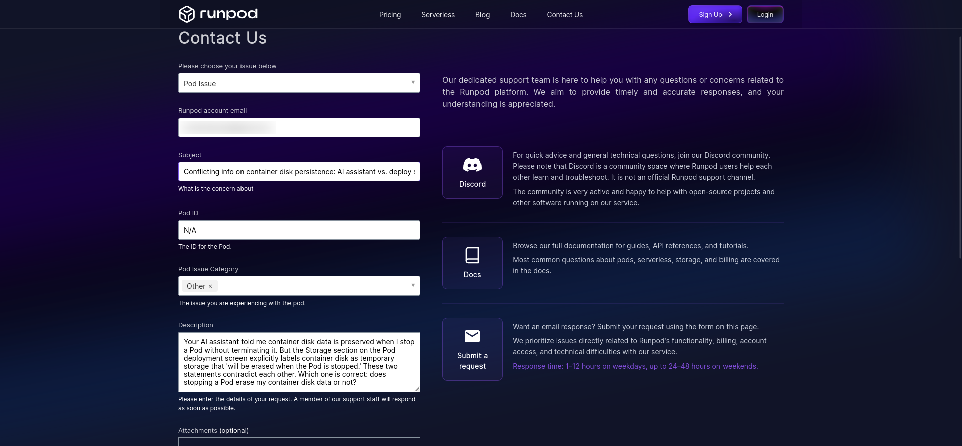 Runpod support ticket form for Pod issue submission