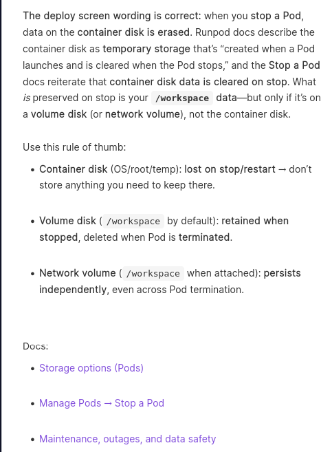 Runpod ticket assistant response citing container disk documentation