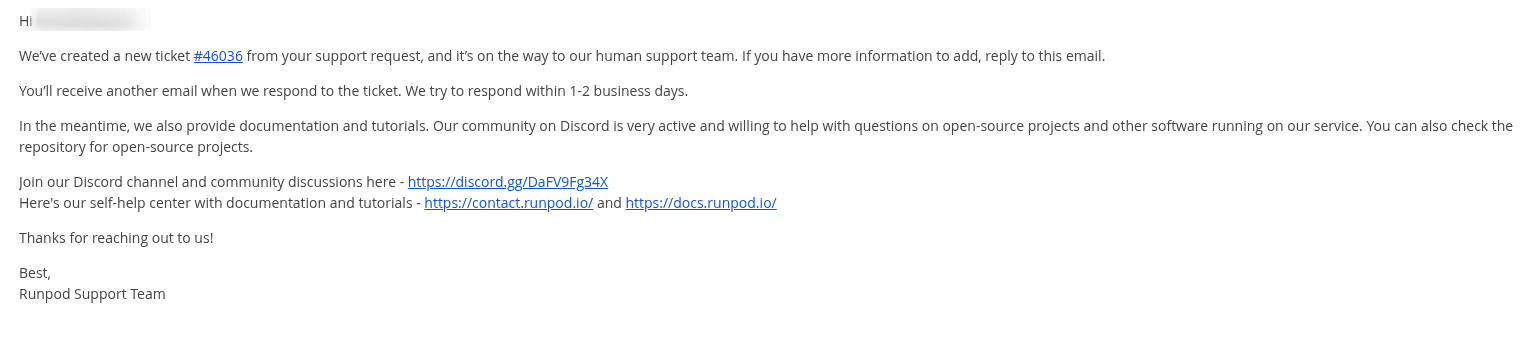 Runpod support ticket confirmation email for ticket 46036