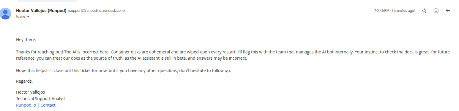 Runpod human support response confirming container disks are ephemeral