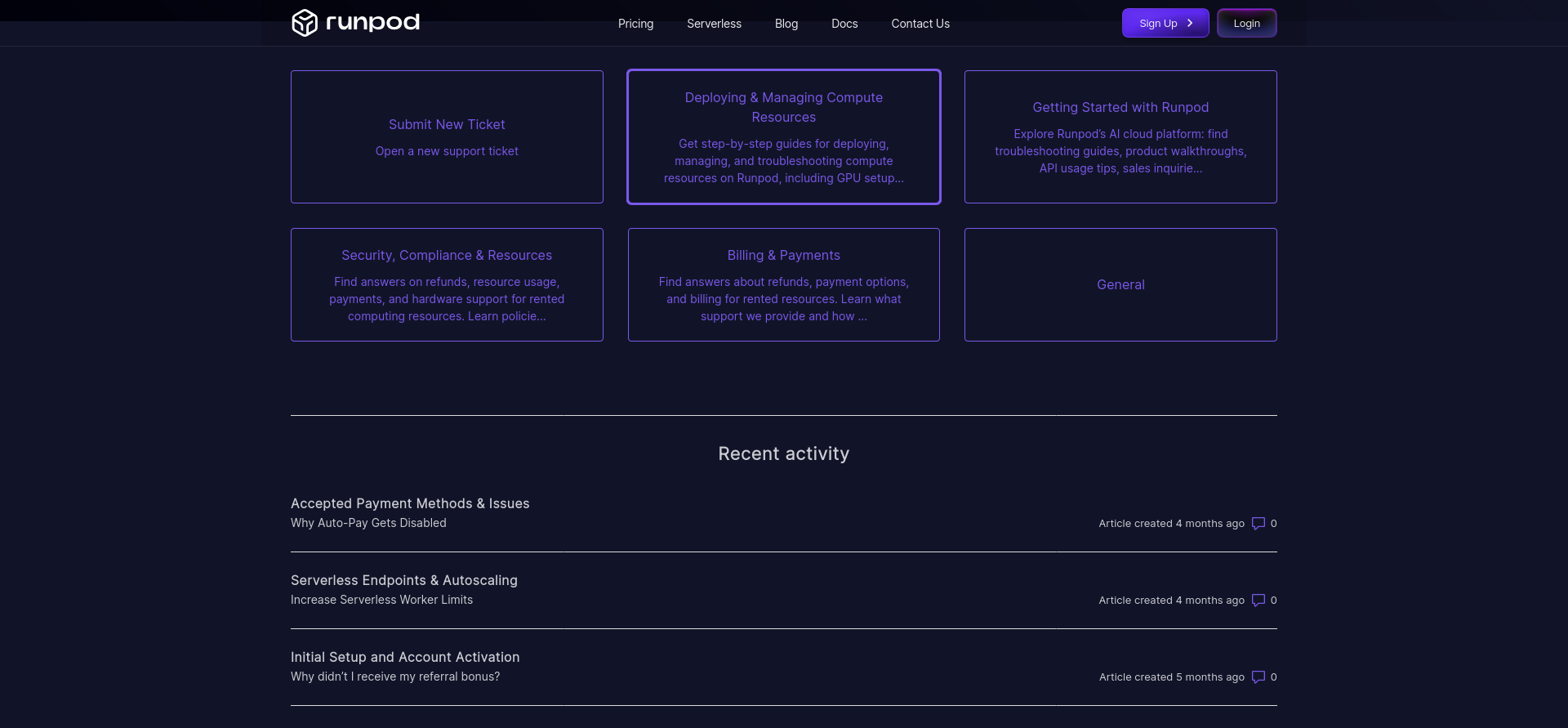 Runpod support center with knowledge base categories and recent activity