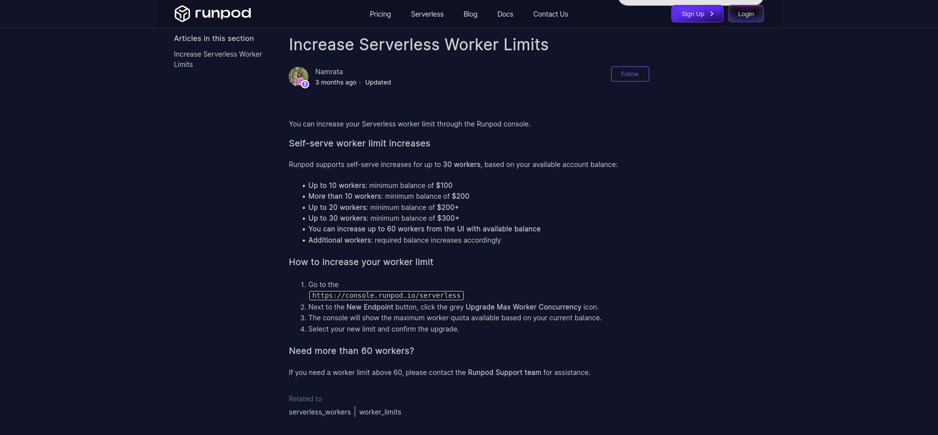 Runpod knowledge base article on increasing Serverless worker limits