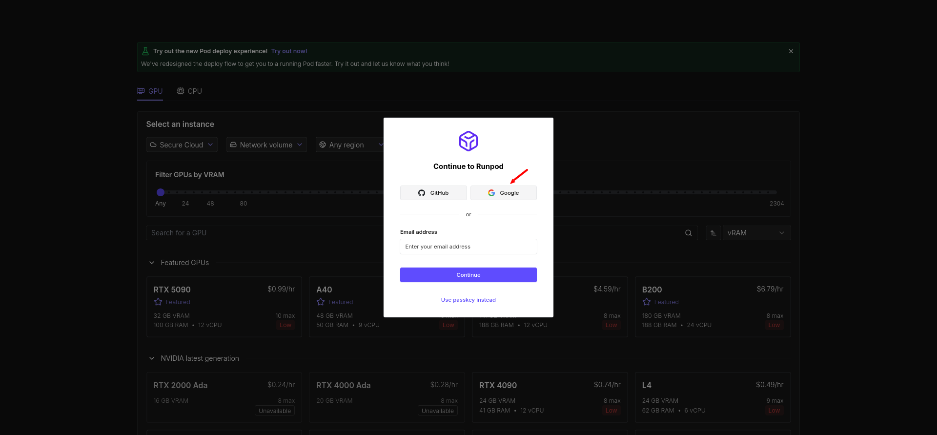Runpod sign-up modal with GitHub Google email and passkey options