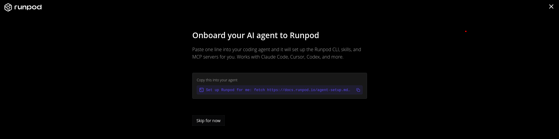 Runpod onboarding screen for AI agent setup with CLI and MCP server