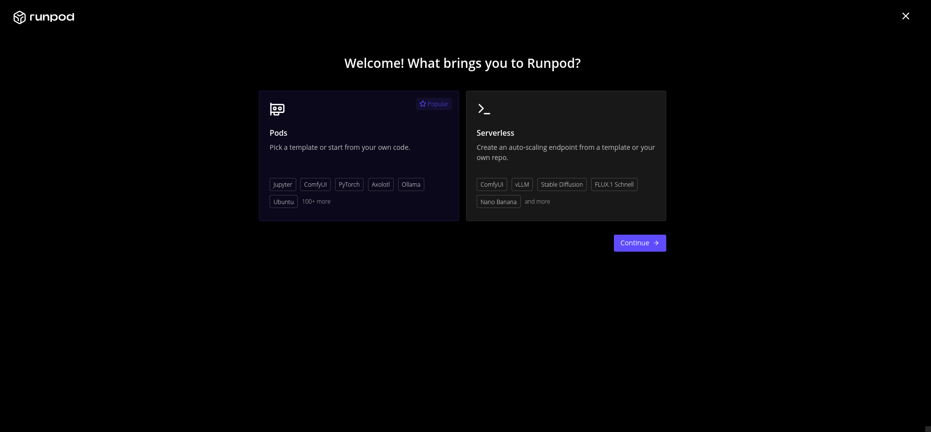 Runpod onboarding screen asking whether to use Pods or Serverless