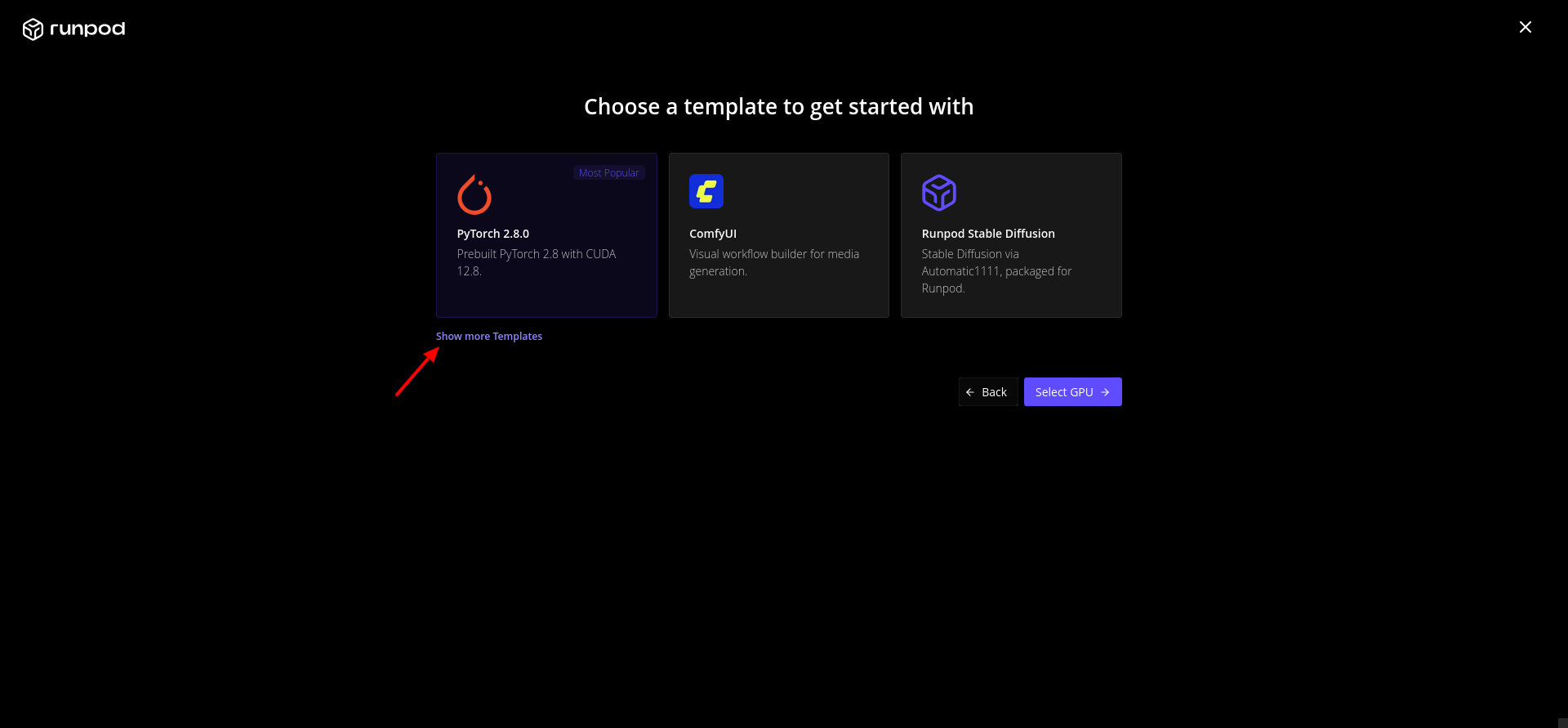 Runpod template catalog with Official Verified and Community templates