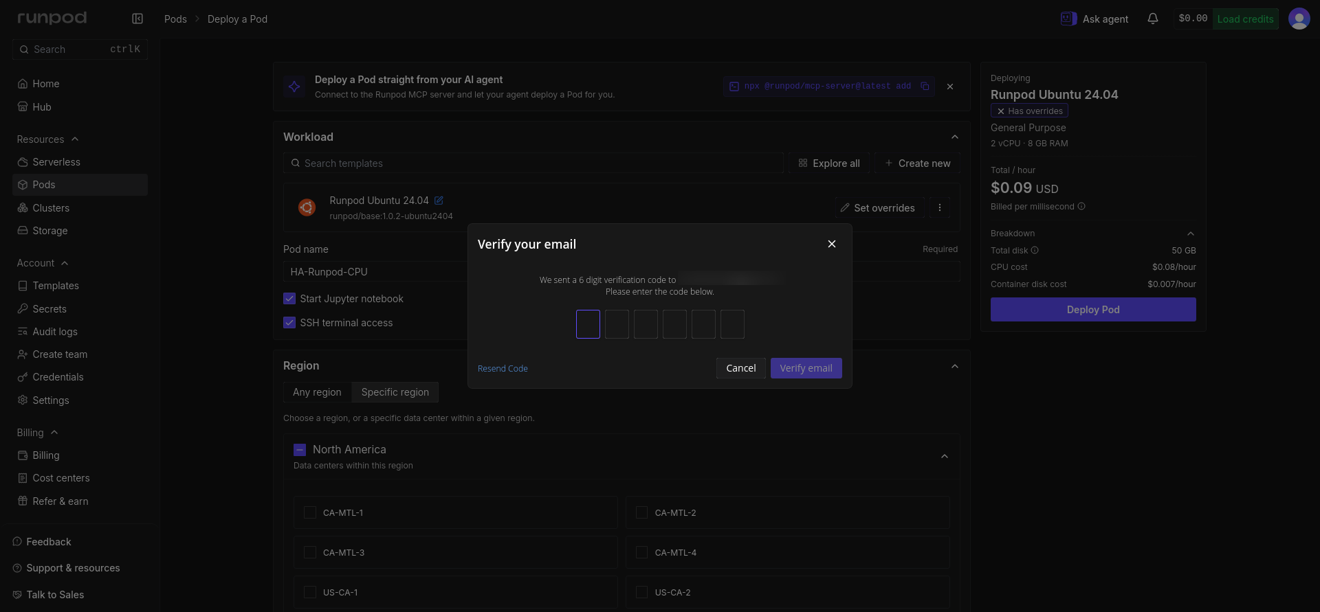 Runpod email verification screen with six-digit code