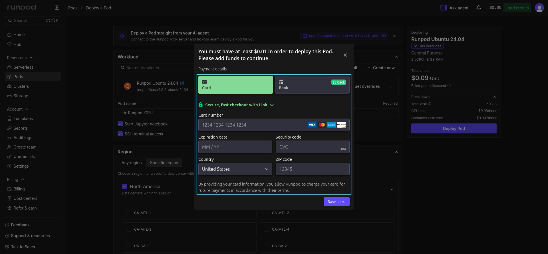 Runpod payment screen requiring account balance before Pod deployment
