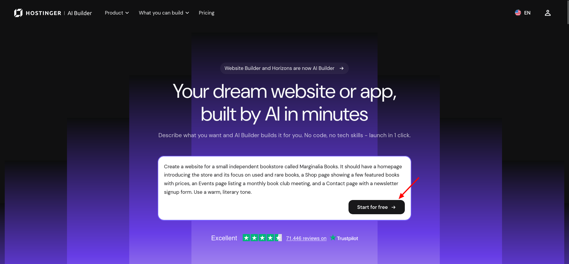 Hostinger AI Builder homepage with a prompt box and Start for Free button