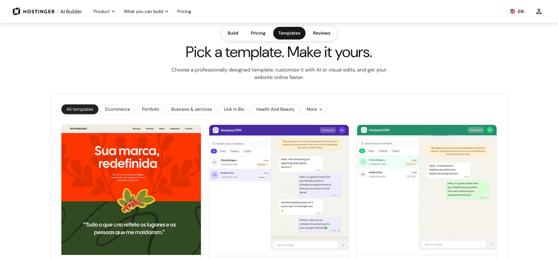 Hostinger AI Builder template gallery filtered by category with a Preview button on hover