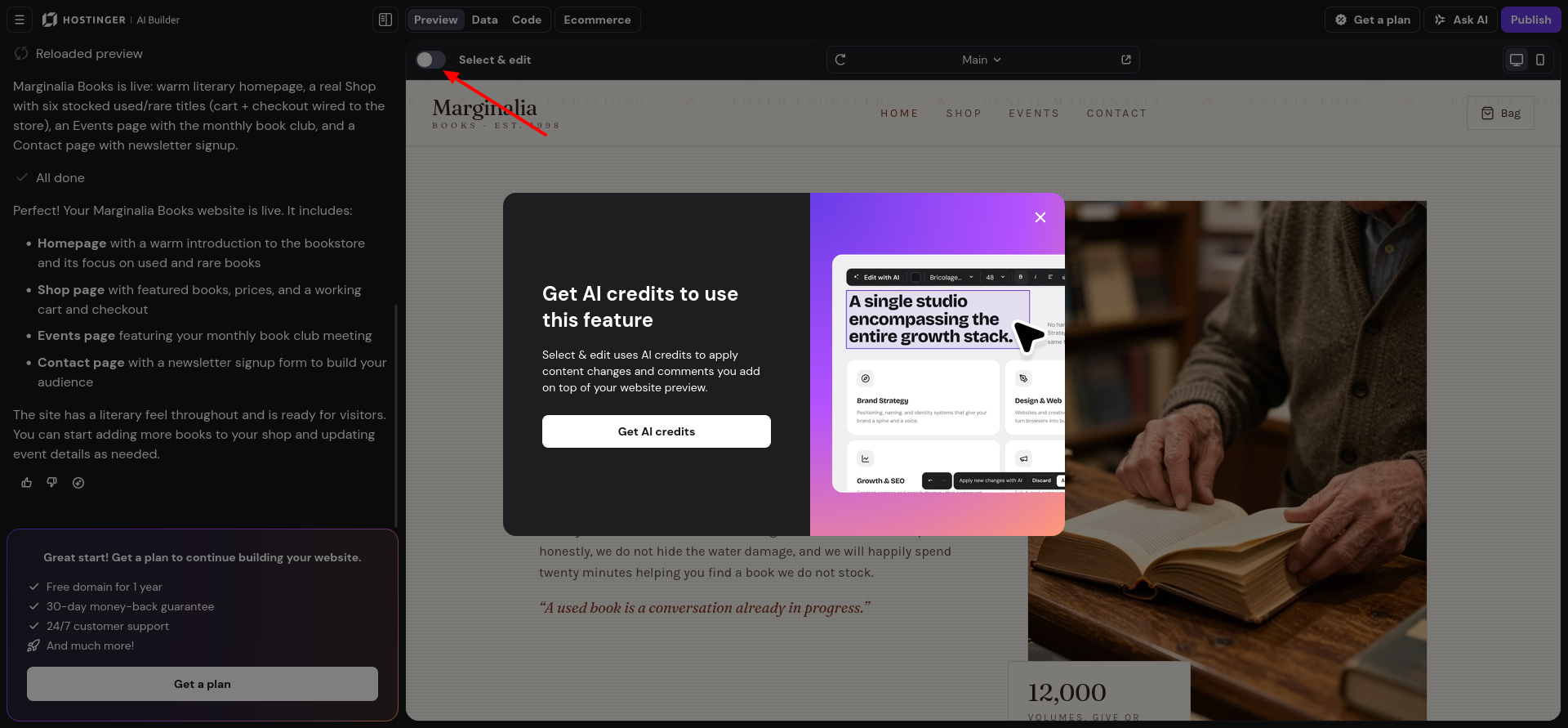 Hostinger AI Builder Select and Edit feature showing a Get AI Credits paywall