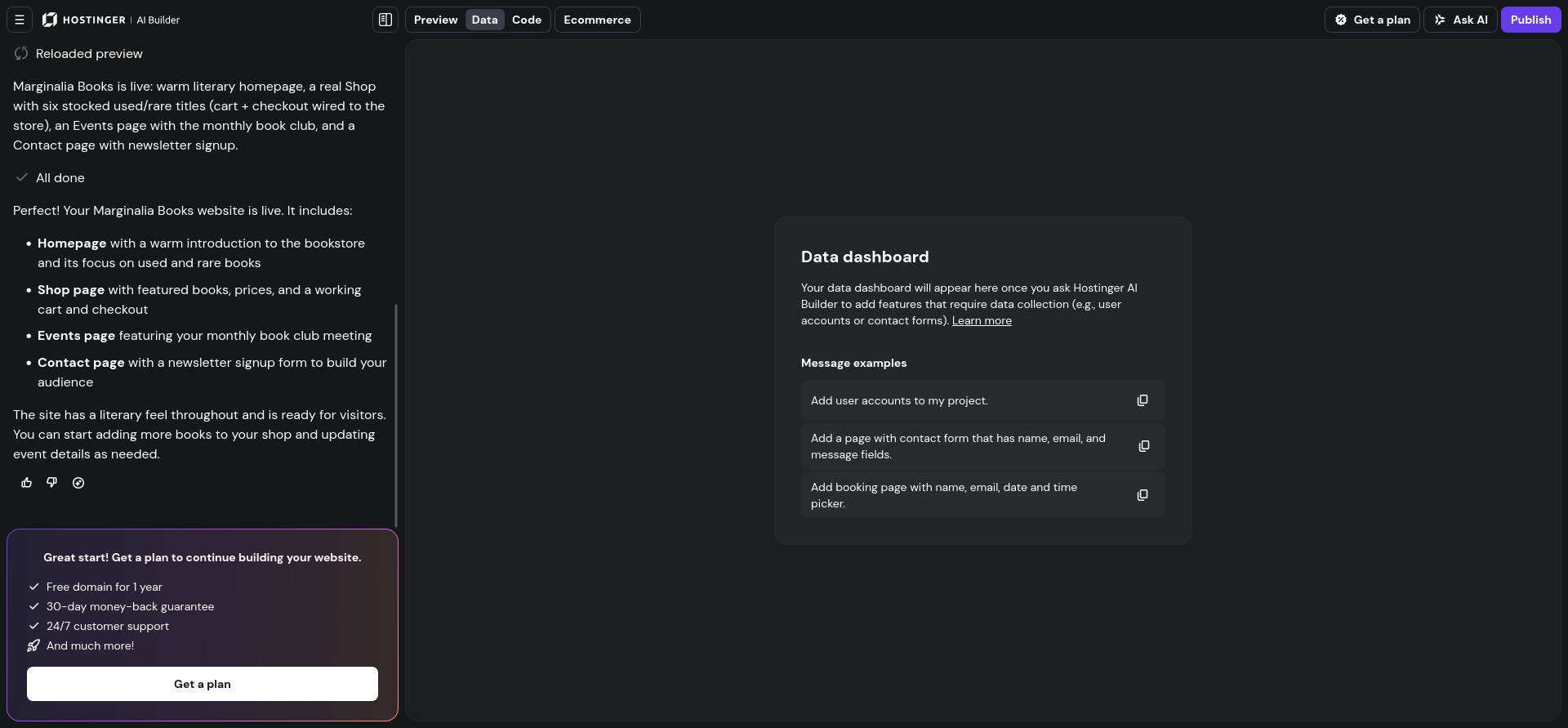 Hostinger AI Builder Data tab showing an empty data dashboard and example prompts for adding data features