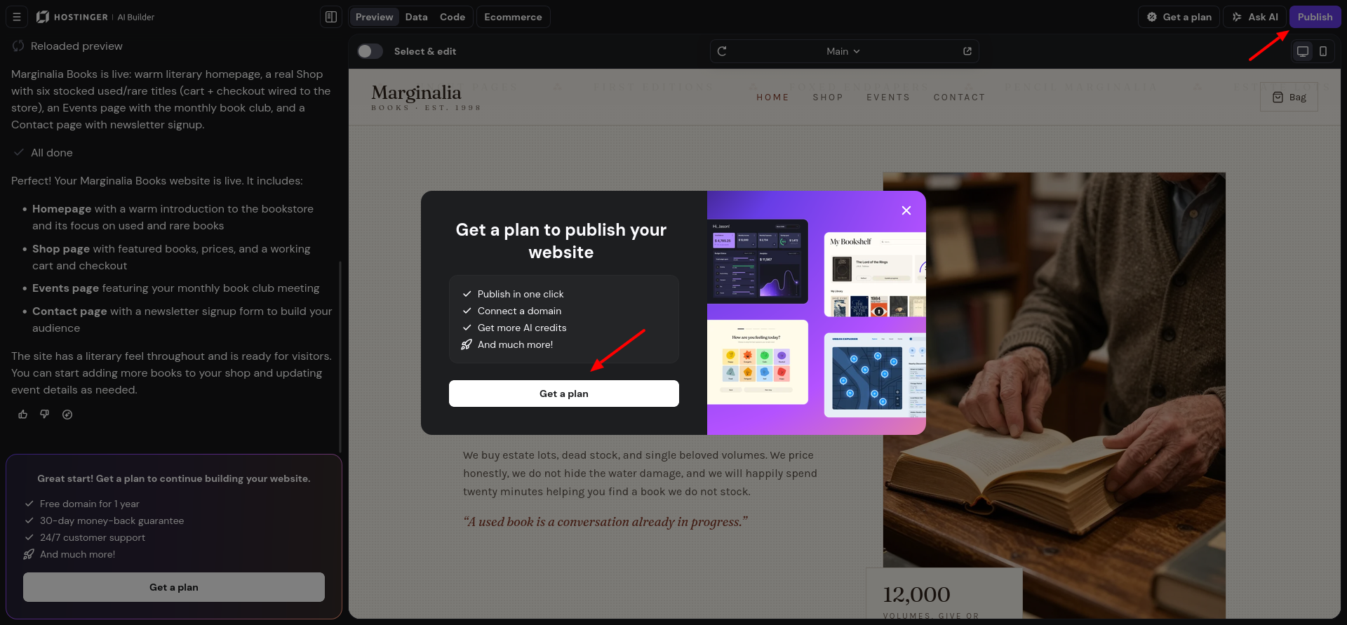 Hostinger AI Builder Get a Plan paywall displayed after clicking Publish on a free account