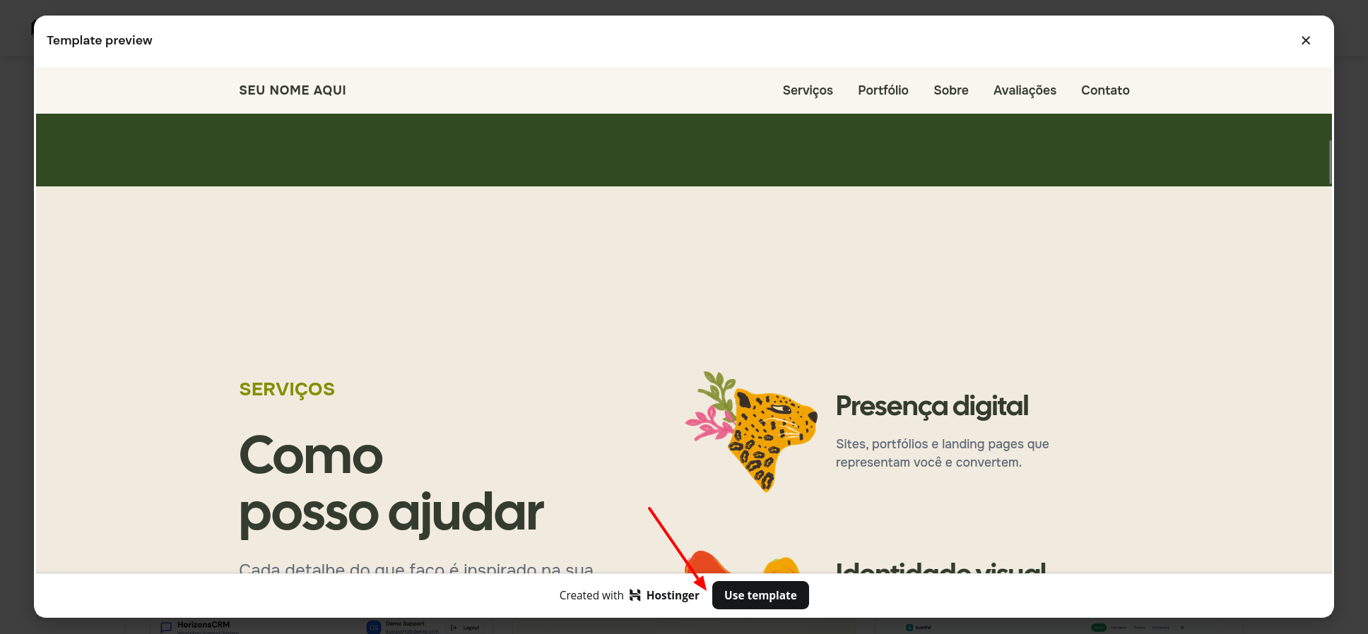 Hostinger AI Builder template preview modal with a Use Template button