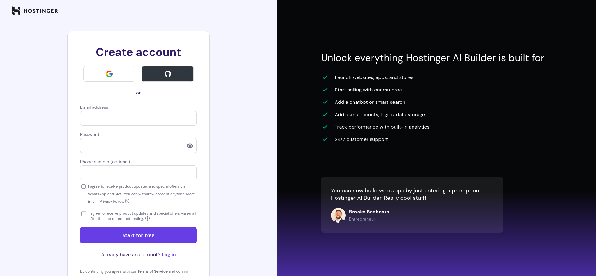 Hostinger account creation screen with email, password, optional phone number, Google, and GitHub signup options