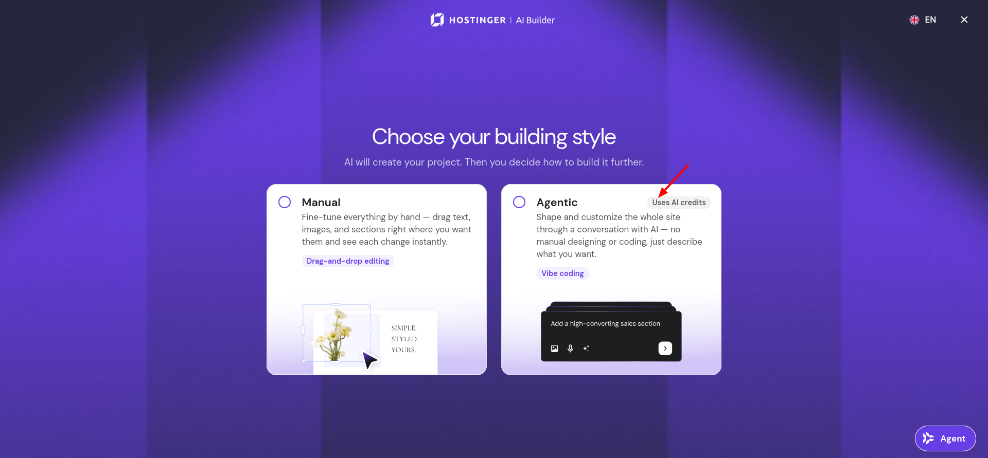 Hostinger AI Builder screen showing Manual and Agentic building style options