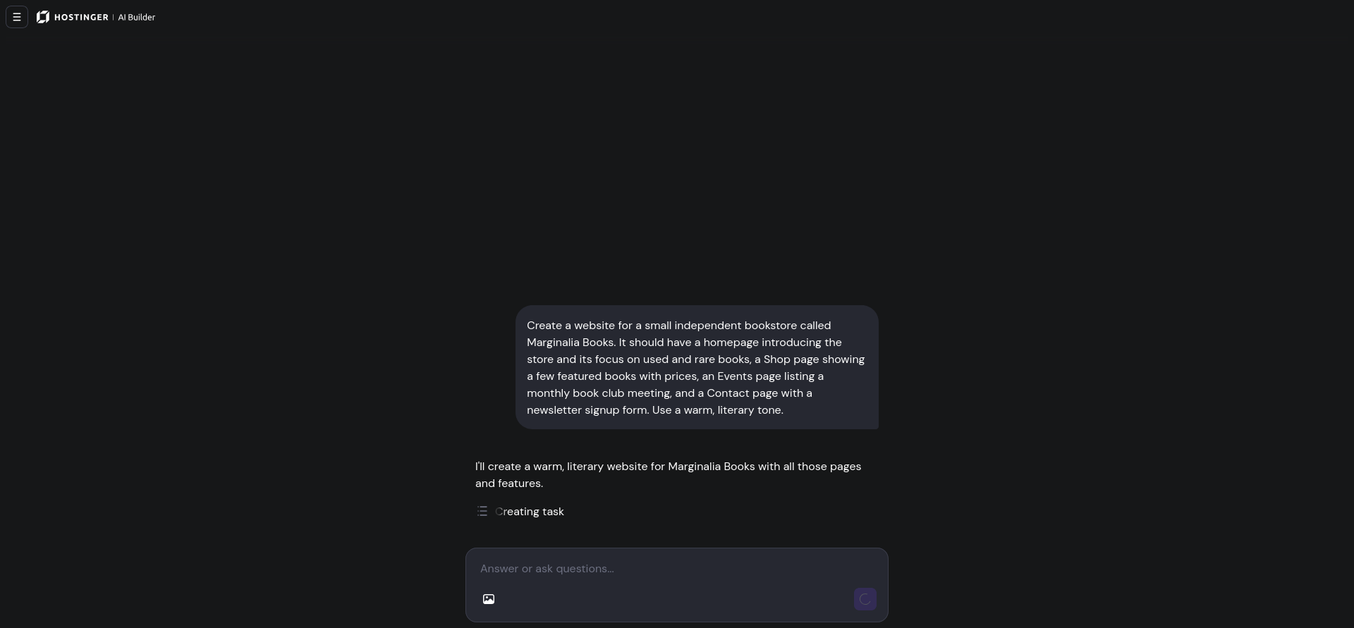 Hostinger AI Builder Agentic chat interface showing the submitted prompt and AI build progress