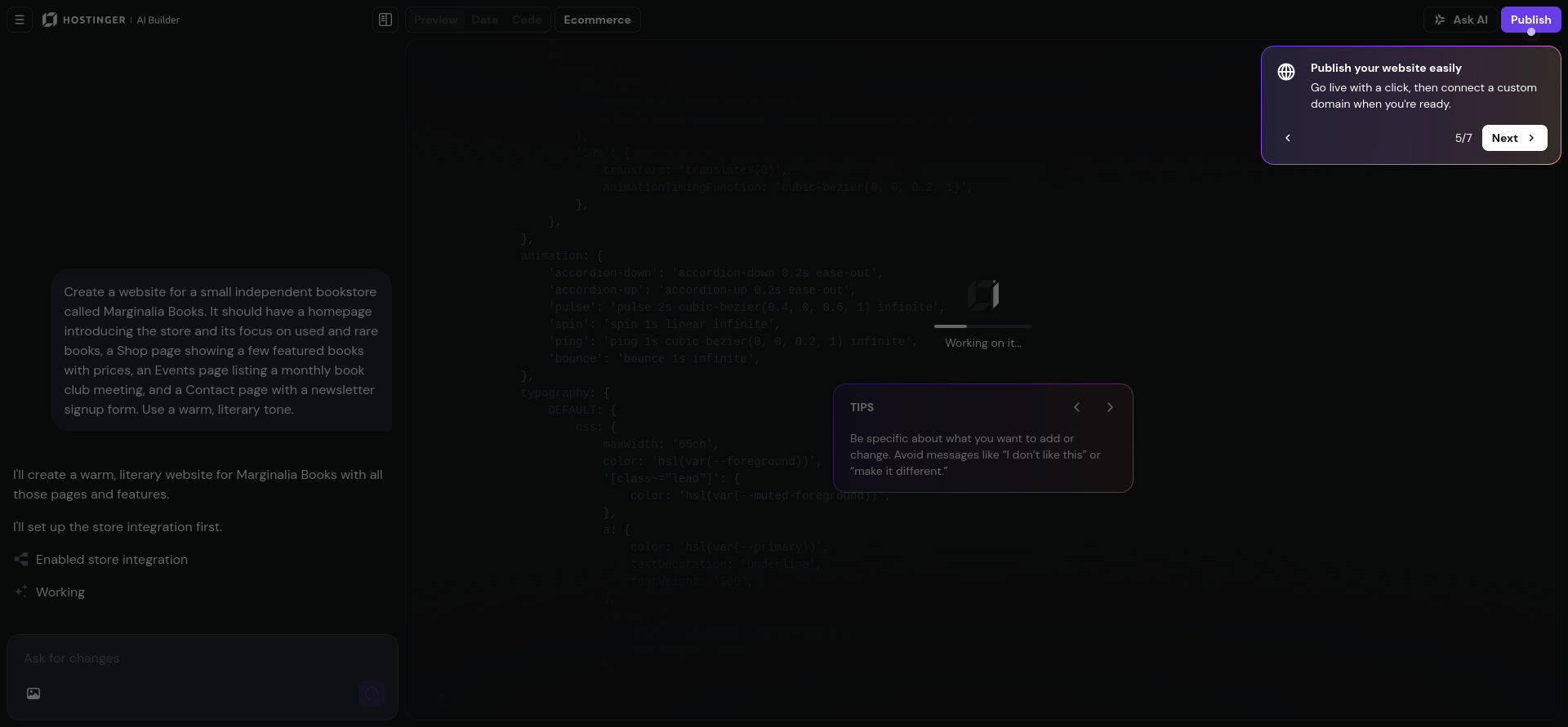 Hostinger AI Builder onboarding tooltip explaining the Publish feature while the AI builds the website
