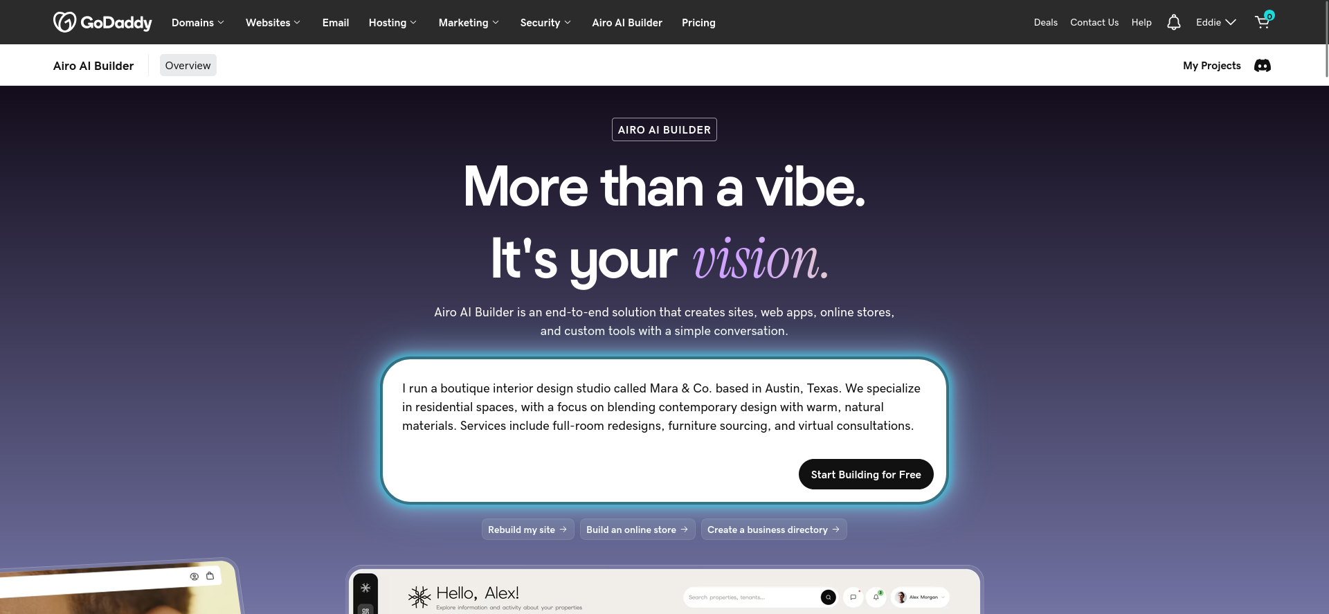 GoDaddy Airo AI Builder split-screen website creation interface
