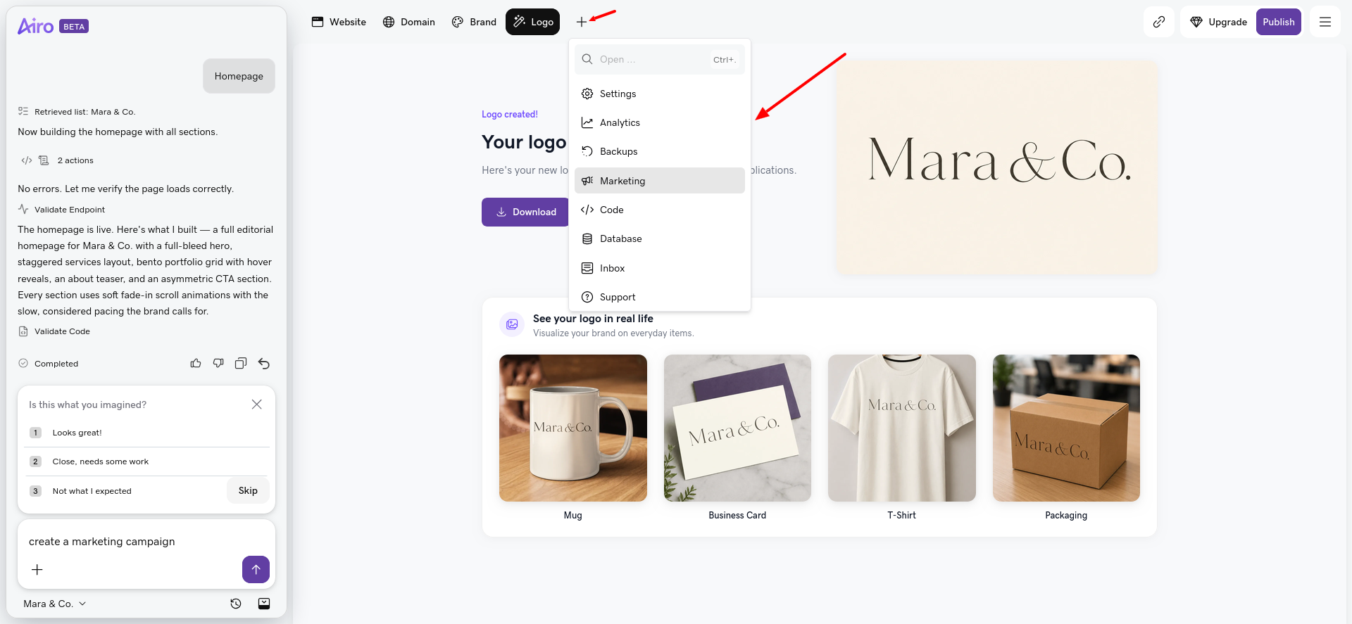 GoDaddy Airo AI Builder project management toolkit menu