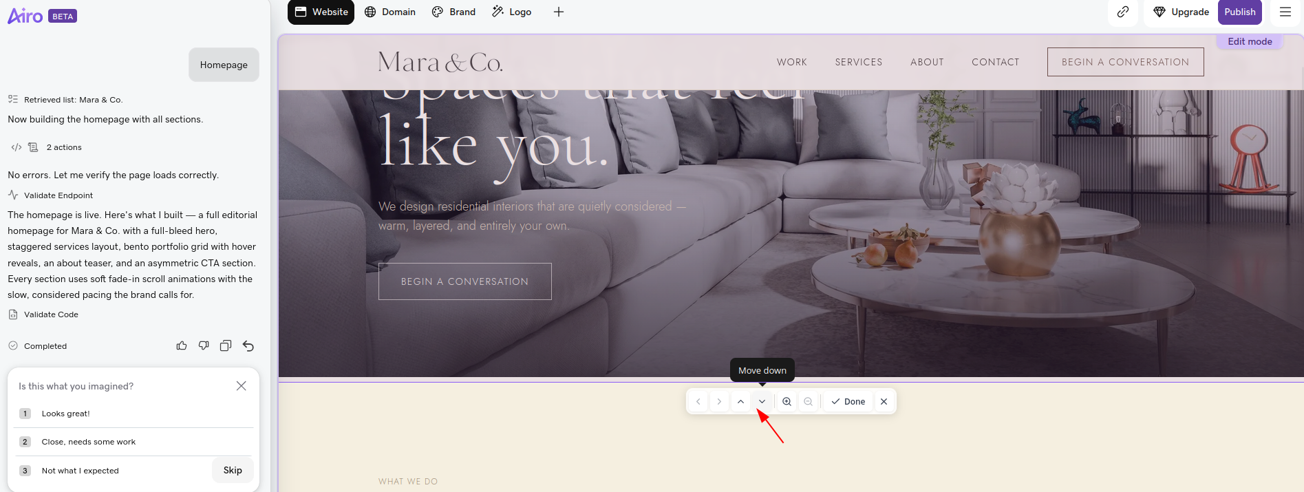 GoDaddy Airo page section reordering controls