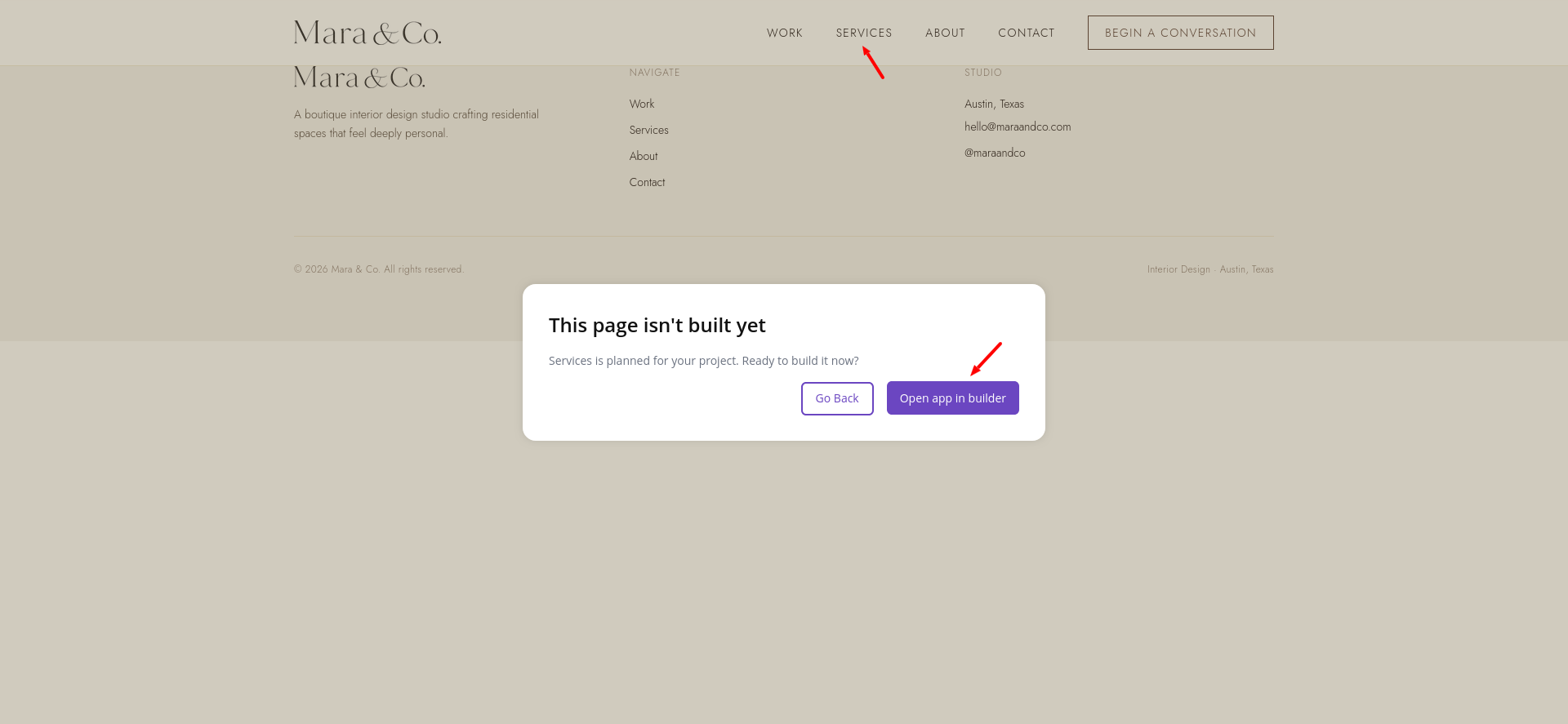 GoDaddy Airo unbuilt page modal with Open app in builder button