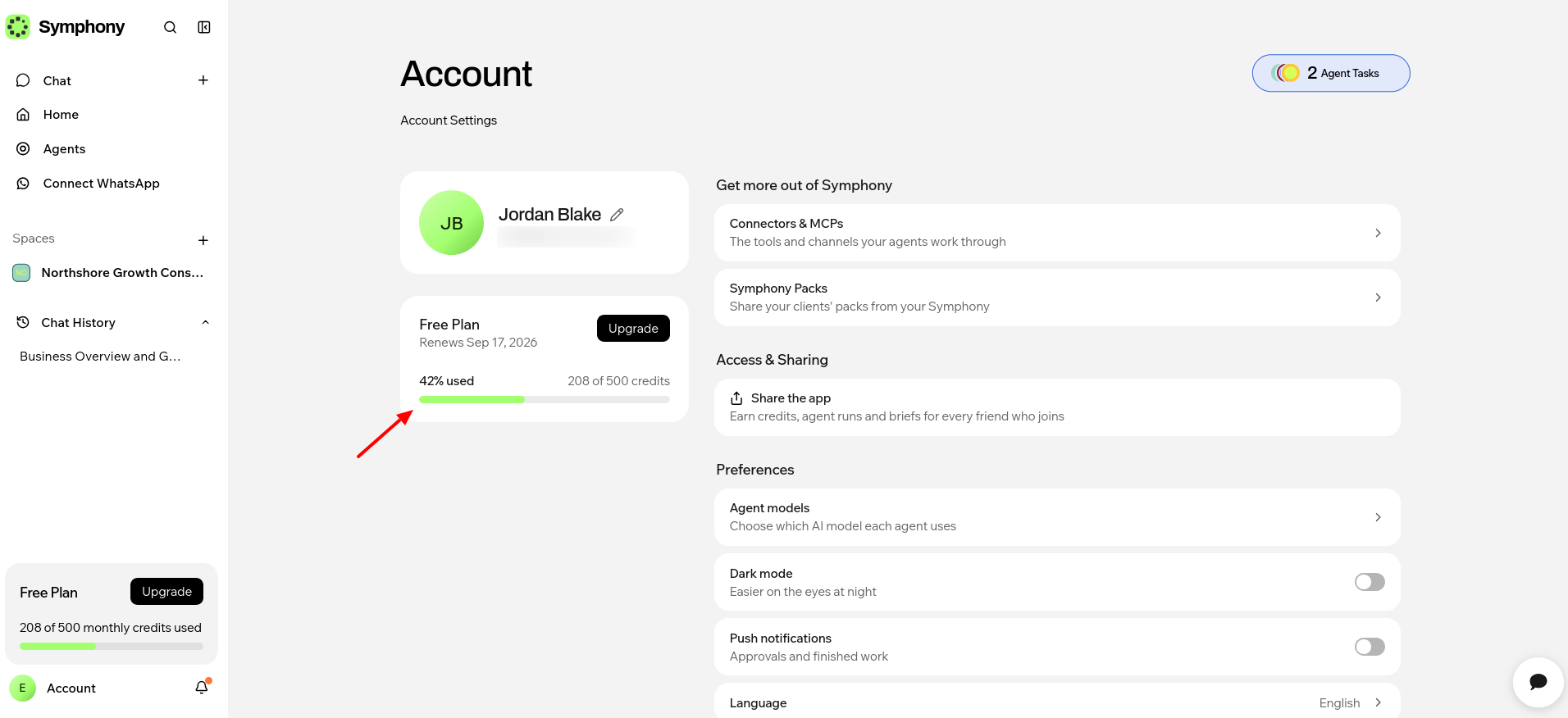 Symphony by Wix AI credit usage and monthly balance during testing