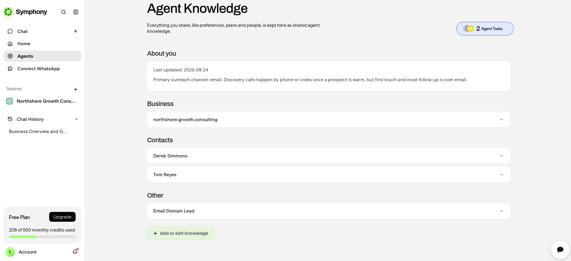 Symphony Agent Knowledge page showing stored business context including communication preferences and business category