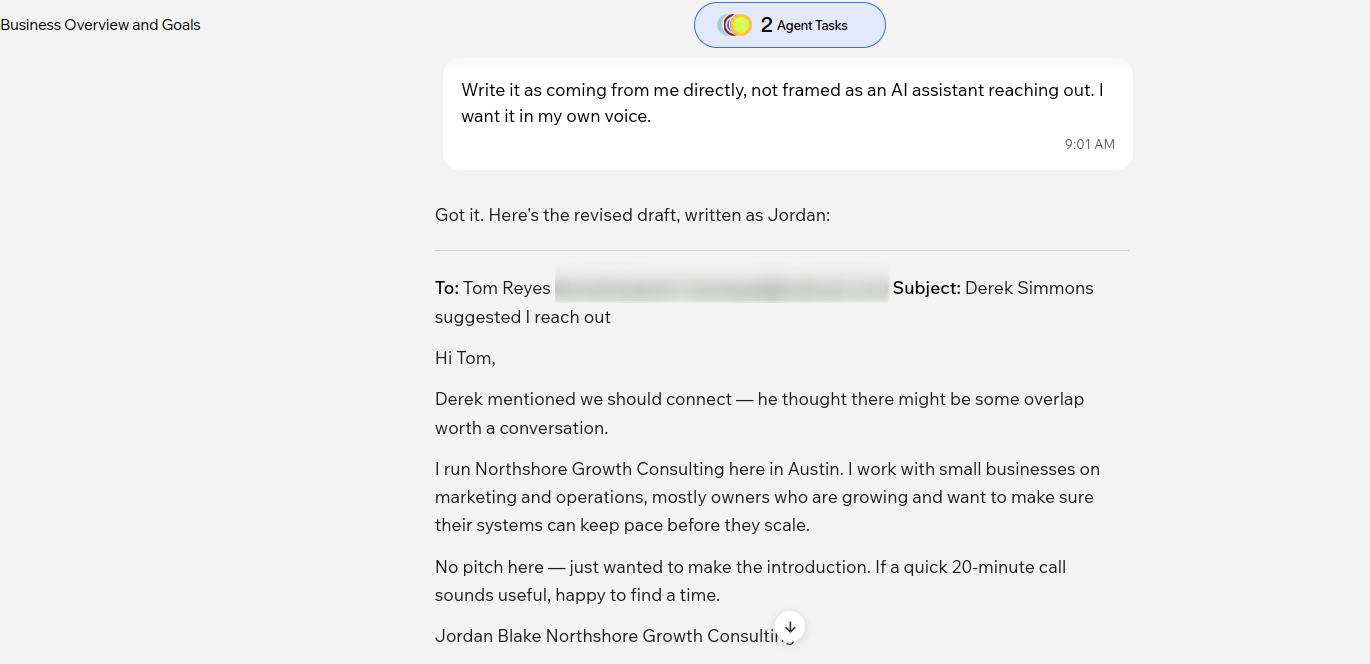 Reeve revised first-person cold outreach email draft