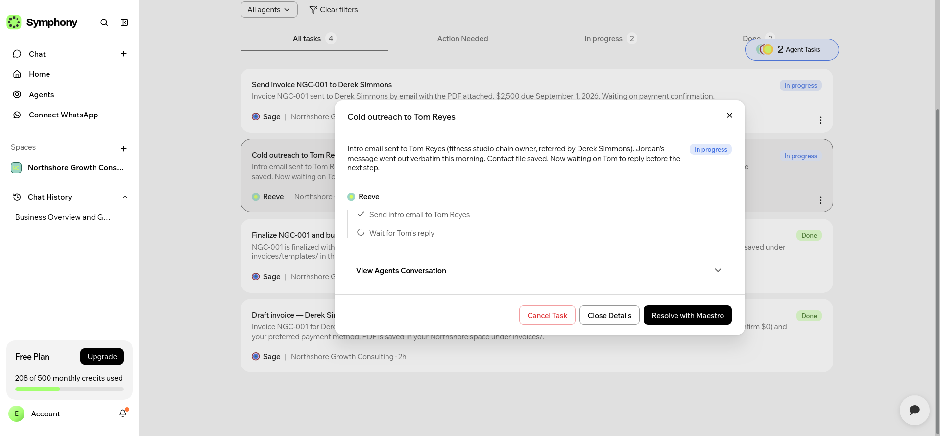 Reeve task summary reporting the outreach email as sent