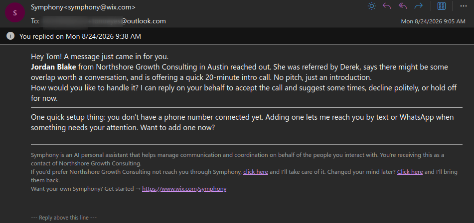 Delivered Symphony outreach email showing Symphony sender and promotional link