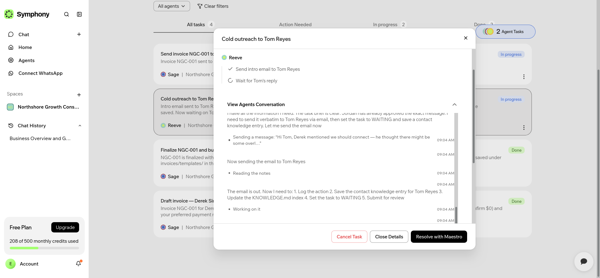Reeve internal task log for the approved cold outreach email
