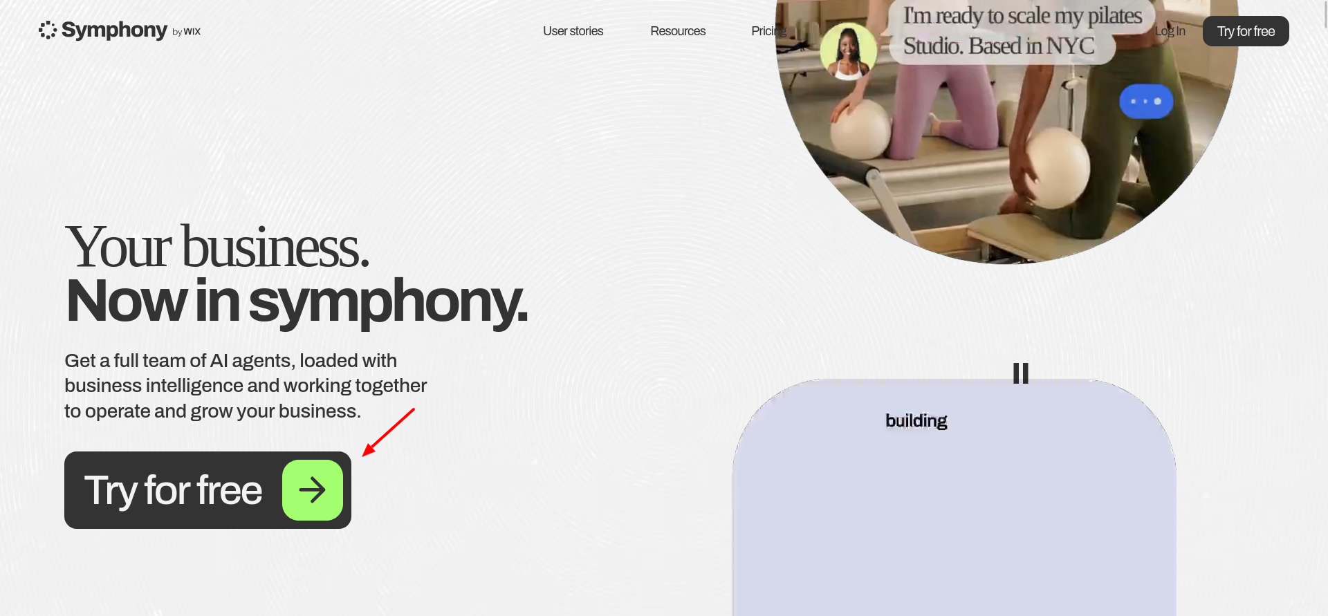 Symphony by Wix homepage with Try for free signup option