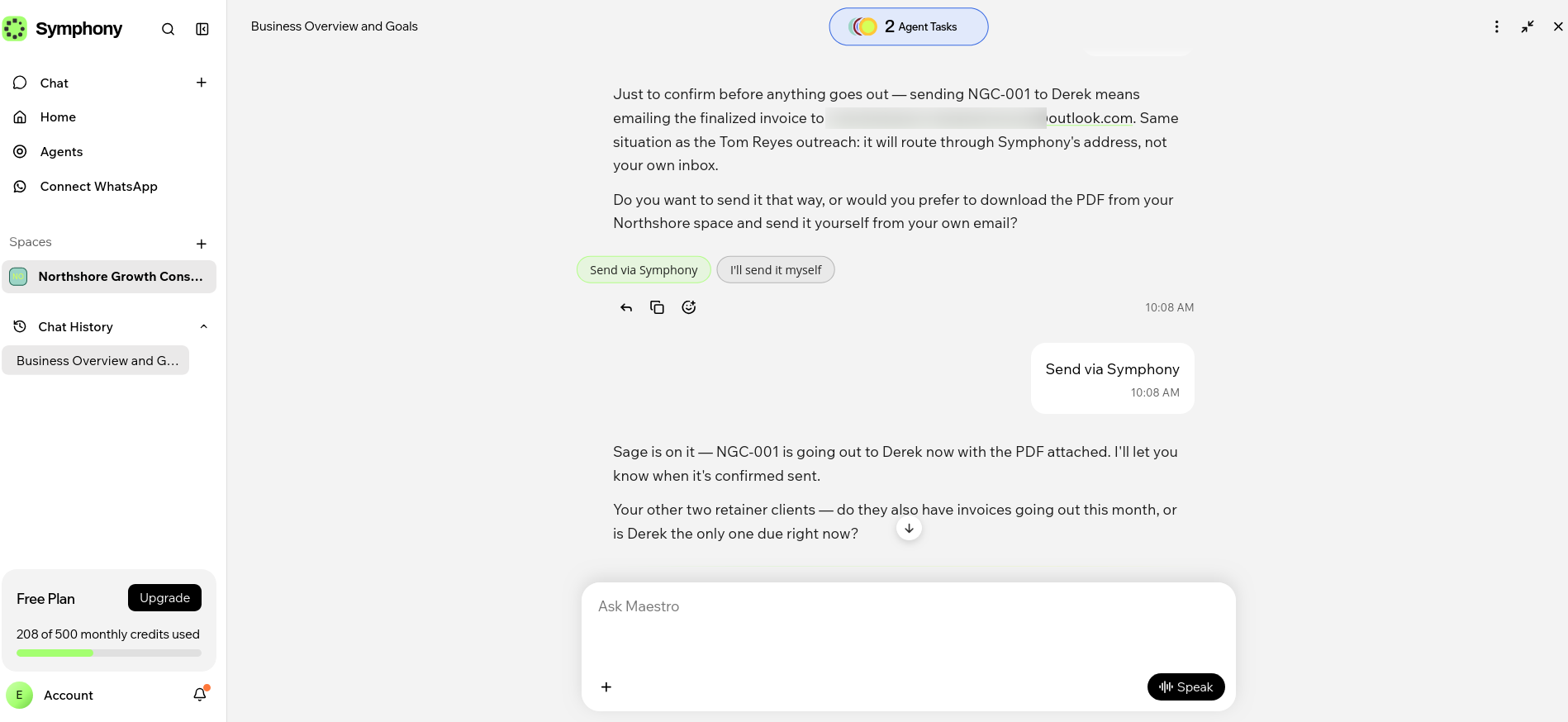 Sage warning that invoice email would send from Symphony rather than the connected inbox